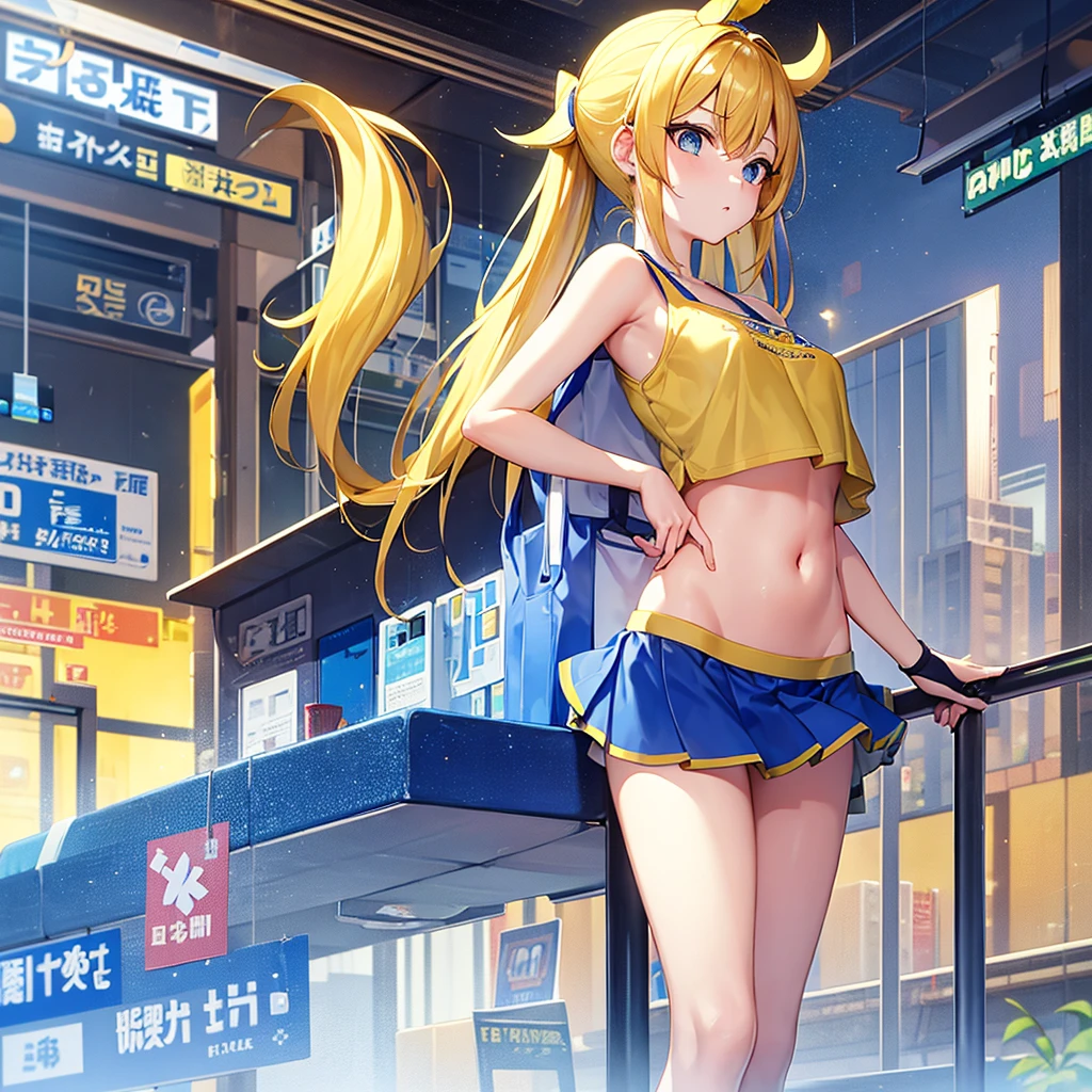 best quality, masterpiece, 1 girl, 独奏, yellow hair, Blue eyes, splatoon, Highly transparent picture, medium breasts, short, blue headphones, white frilled crop tops, off shoulder, bare shoulder, blue short skirt, mini skirt, long hair, looking down, side view, yellow ink, night, city, delicate、Petite、outside, navel, short sleeve, blue sneaker, on station platform, bench, train,