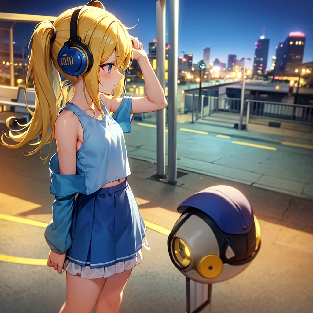 best quality, masterpiece, 1 girl, 独奏, yellow hair, Blue eyes, splatoon, Highly transparent picture, medium breasts, short, blue headphones, white frilled crop tops, off shoulder, bare shoulder, blue short skirt, mini skirt, long hair, looking down, side view, yellow ink, night, city, delicate、Petite、outside, navel, short sleeve, blue sneaker, on station platform, bench, train,