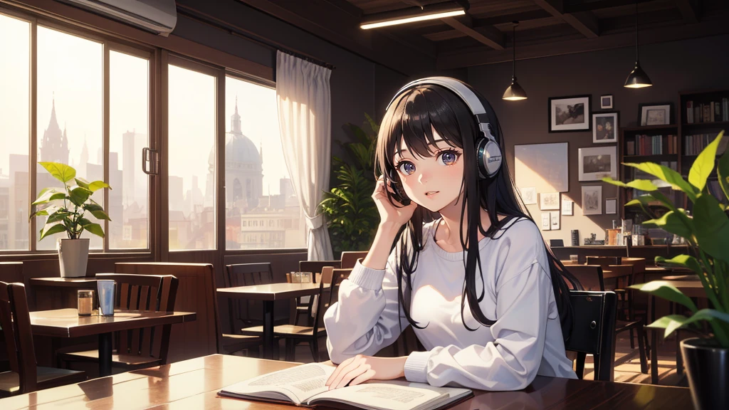 (masterpiece:1.3),(Highest quality:1.4),超High resolution,(Detailed facial features),(Detailed clothing features),High resolution,8k解像度, Awards, 8k,wallpaper,A beautiful and cute 20-year-old girl wearing headphones, studying in a cozy city cafe. The scene should depict a relaxed and serene atmosphere, with warm lighting and a soft, dreamy background. The girl has long, flowing hair, is dressed casually in comfortable clothes, and is surrounded by books and a laptop. The cafe interior is stylish, with wooden tables, plants, and a large window showing a peaceful urban street outside.