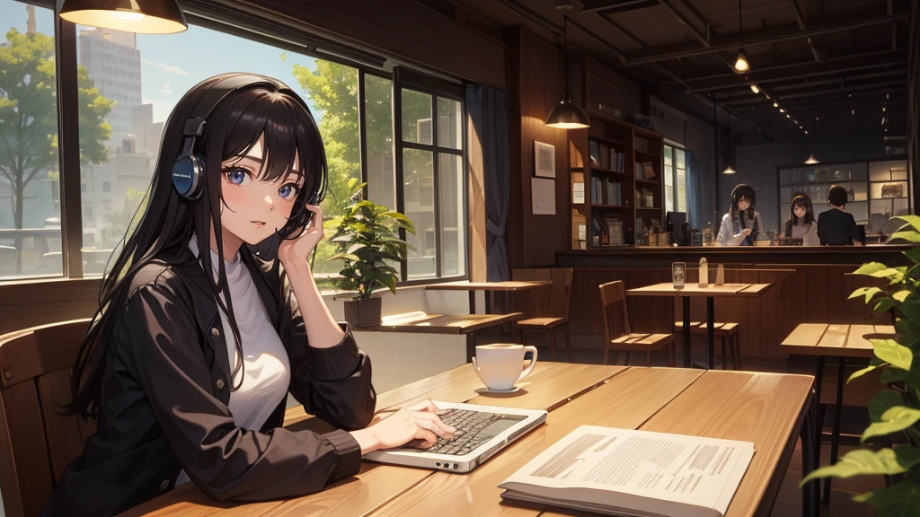 (masterpiece:1.3),(Highest quality:1.4),超High resolution,(Detailed facial features),(Detailed clothing features),High resolution,8k解像度, Awards, 8k,wallpaper,A beautiful and cute 20-year-old girl wearing headphones, studying in a cozy city cafe. The scene should depict a relaxed and serene atmosphere, with warm lighting and a soft, dreamy background. The girl has long, flowing hair, is dressed casually in comfortable clothes, and is surrounded by books and a laptop. The cafe interior is stylish, with wooden tables, plants, and a large window showing a peaceful urban street outside.