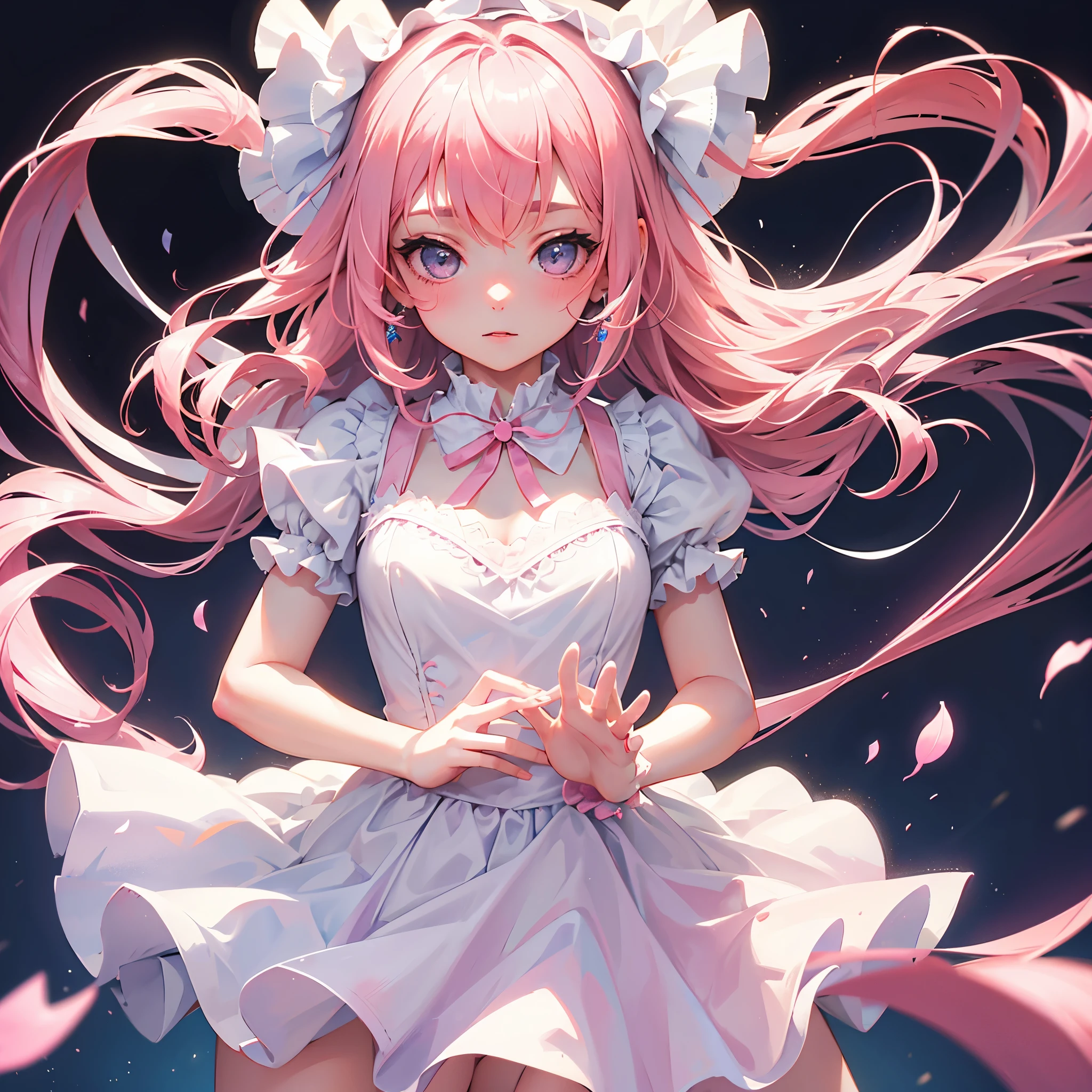 Super delicate cute girl in a ta dress with pink hair. 8K Ultra High Definition, Delicate texture, Pure white background.