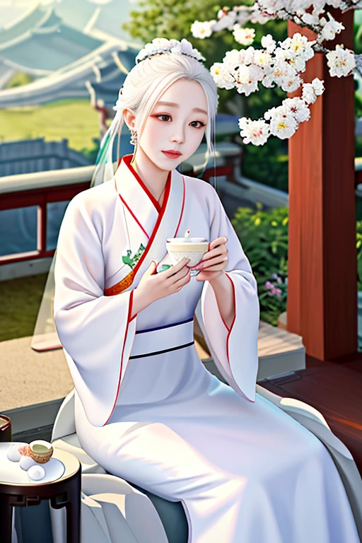 A woman in a white dress is sitting on the floor，White Hanfu，palace，Girl wearing Hanfu，Hanfu，Dressed in ancient Chinese costumes，Gurwitz，Ethereal Beauty，Guttweiz-style artwork，Beautiful fantasy queen，Chinese traditional clothing，Chinese clothing，Chinese traditional，Light milky white porcelain skin，Ordinary girl&#39;s bare feet and hands
