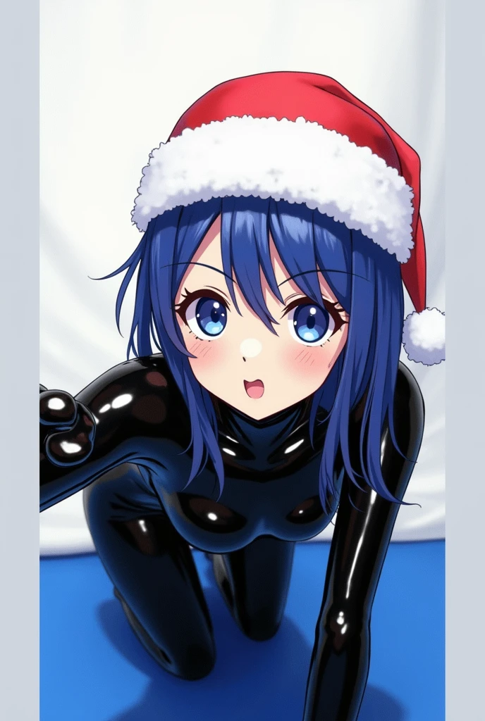 1girl, アニメ, blue hair, latex suit, standing, cute face, santa hat, kigurumi mask, on all fours, hands pointing, shiny, sweat, glossiness, Metallic sheen, best quality, 4K, 8k, highres, masterpiece:1.2, ultra-detailed, realistic, photorealistic:1.37, HDR, uhd, studio lighting, ultra-fine painting, sharp focus, physically-based rendering, extreme detail description, professional, vivid colors, bokeh,Shaved pussy,tits,Nipples