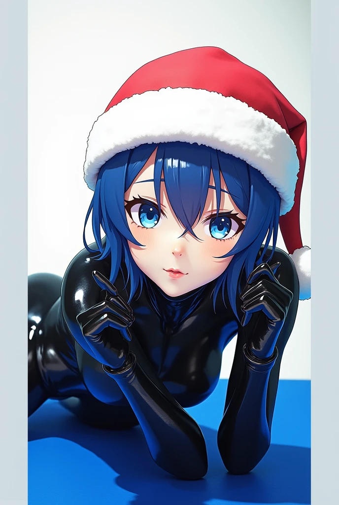 1girl, アニメ, blue hair, latex suit, standing, cute face, santa hat, kigurumi mask, on all fours, hands pointing, shiny, sweat, glossiness, Metallic sheen, best quality, 4K, 8k, highres, masterpiece:1.2, ultra-detailed, realistic, photorealistic:1.37, HDR, uhd, studio lighting, ultra-fine painting, sharp focus, physically-based rendering, extreme detail description, professional, vivid colors, bokeh,Shaved pussy,tits,Nipples