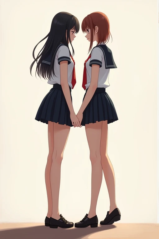((best quality)), ((masterpiece)), (detailed),  Two girls stand and touch their butts to each other and compare the length of their legs. Their torsos are the same length, but their legs are different. School sailor suit. very sexy.    (((((190cm))))), (((((very very long legs)))))