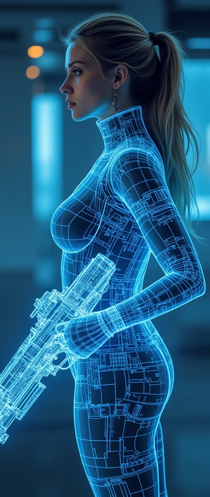 (masterpiece:1.2,Exceptional Quality,mirror-like,Cinematic Experience,Photorealistic:2.0,RAW Photos:2.0,Super detailed),8k,wallpaper,(Representing blueprints through holograms:2.0),(Beautiful woman:2.0),futuristic assault rifle,(Blueprint for futuristic assault rifle:2.0),(Draw the front view:2.0),(Avant-garde design:2.0),(Drawing detailed blueprints:2.0),(Numerous notes about the settings:2.0),(cyber punk:2.0),(sf:2.0)