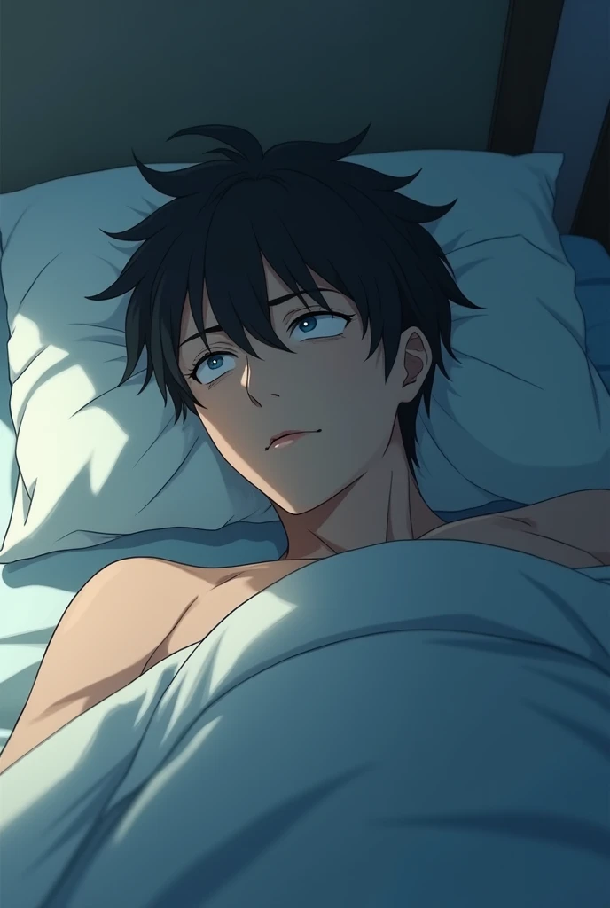 Man lying dreaming in bed sad anime drawing hd