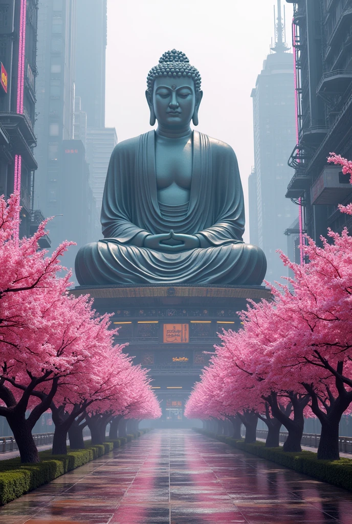 (A Buddha statue towering in the distance:1.5),(Cyberpunk city setting:1.2),(Photorealistic:1.4),(Highest quality:1.0),(Very concerned:1.0),8k,RAW Photos,(masterpiece:0.2),Very detailed,(Pilgrims' Path:0.8)Countless cherry trees are blooming