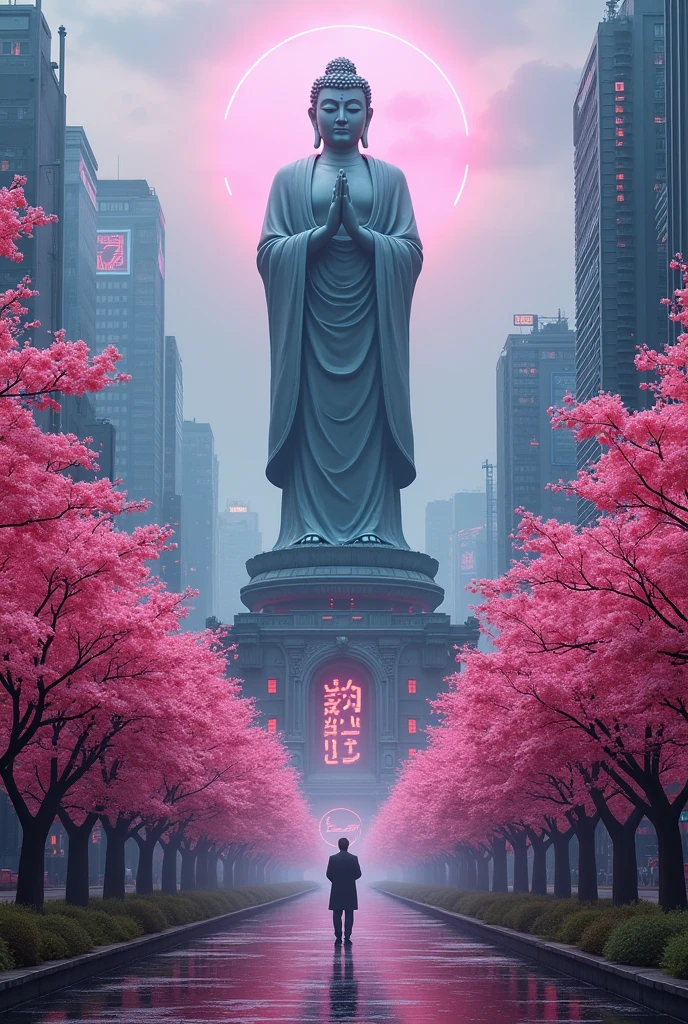 (A Buddha statue towering in the distance:1.5),(Cyberpunk city setting:1.2),(Photorealistic:1.4),(Highest quality:1.0),(Very concerned:1.0),8k,RAW Photos,(masterpiece:0.2),Very detailed,(Pilgrims' Path:0.8)Countless cherry trees are blooming