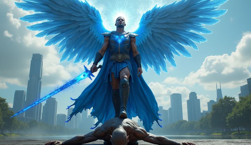 ultra realistic image of archangel michael blue cape and warrior outfit, firm look, with his blue flame sword, stepping on the head of the demon who is lying prostrate on the ground, around his head a halo with blue light, convey depth, in the background image of Ibirapuera in the city of Sao Paulo