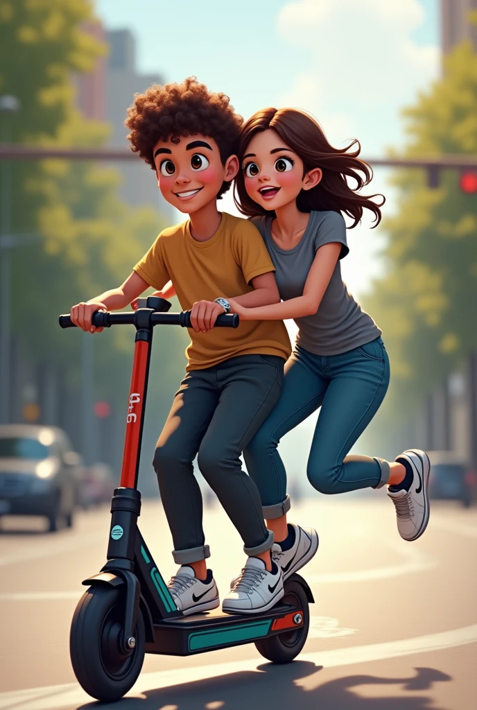 A boy with some curly brown, black with black pants dark and white shoes, Nike with a girl, wearing jeans and grey shoes, white top ride e-scooter together they are