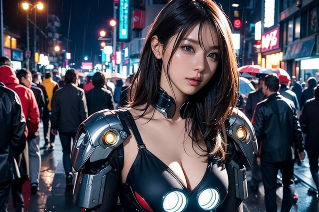 Best Illustrations, Woman covered in complex white cybernetics, Blue LED light, Combat Uniform, Cleavage, high tech, Ultra-high resolution, 32K, (Bikini Cyborg Robot Parts), (detailed:1.4), Cyberpunk City Background, Rainy Street, Beautiful Face, Long golden hair, Professional Lighting, masterpiece, Very delicate and beautiful, Professional photos