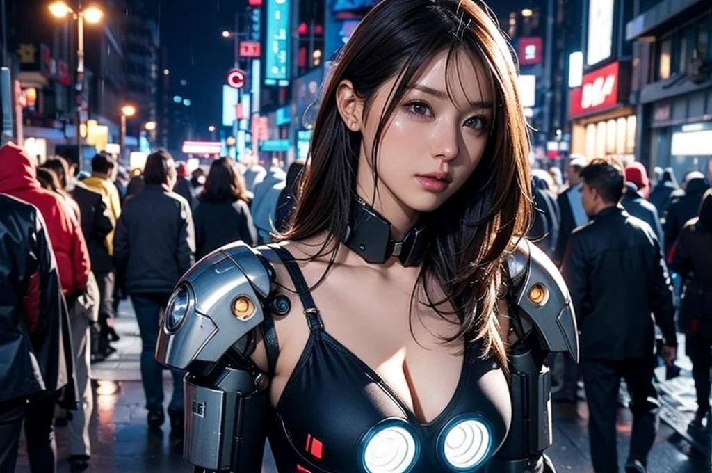 Best Illustrations, Woman covered in complex white cybernetics, Blue LED light, Combat Uniform, Cleavage, high tech, Ultra-high resolution, 32K, (Bikini Cyborg Robot Parts), (detailed:1.4), Cyberpunk City Background, Rainy Street, Beautiful Face, Long golden hair, Professional Lighting, masterpiece, Very delicate and beautiful, Professional photos