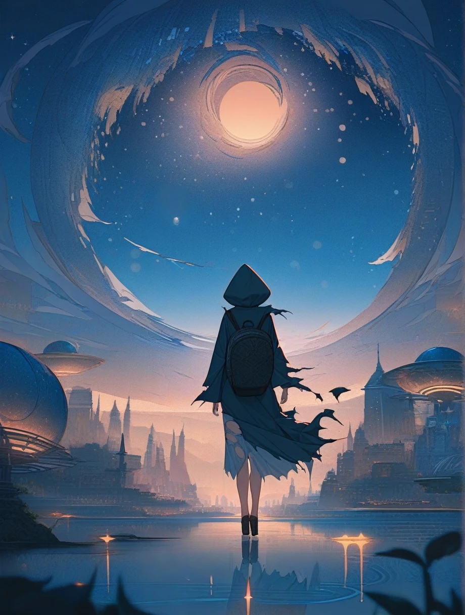 score_9, score_8_wonderful, score_7_wonderful, score_anime, masterpiece, Highest quality, Delicate illustrations, Sharp lines, Sharp focus, break, a traveling girl wandering in the endless night world, The girl is wearing a hood、There are a lot of things in the backpack。, night , wonderful風景, Beautiful views, Harmony with Nature, wonderful景色, Space City, (((Torn clothes))), (((Torn hood))),Long skirt,(Torn Skirt)