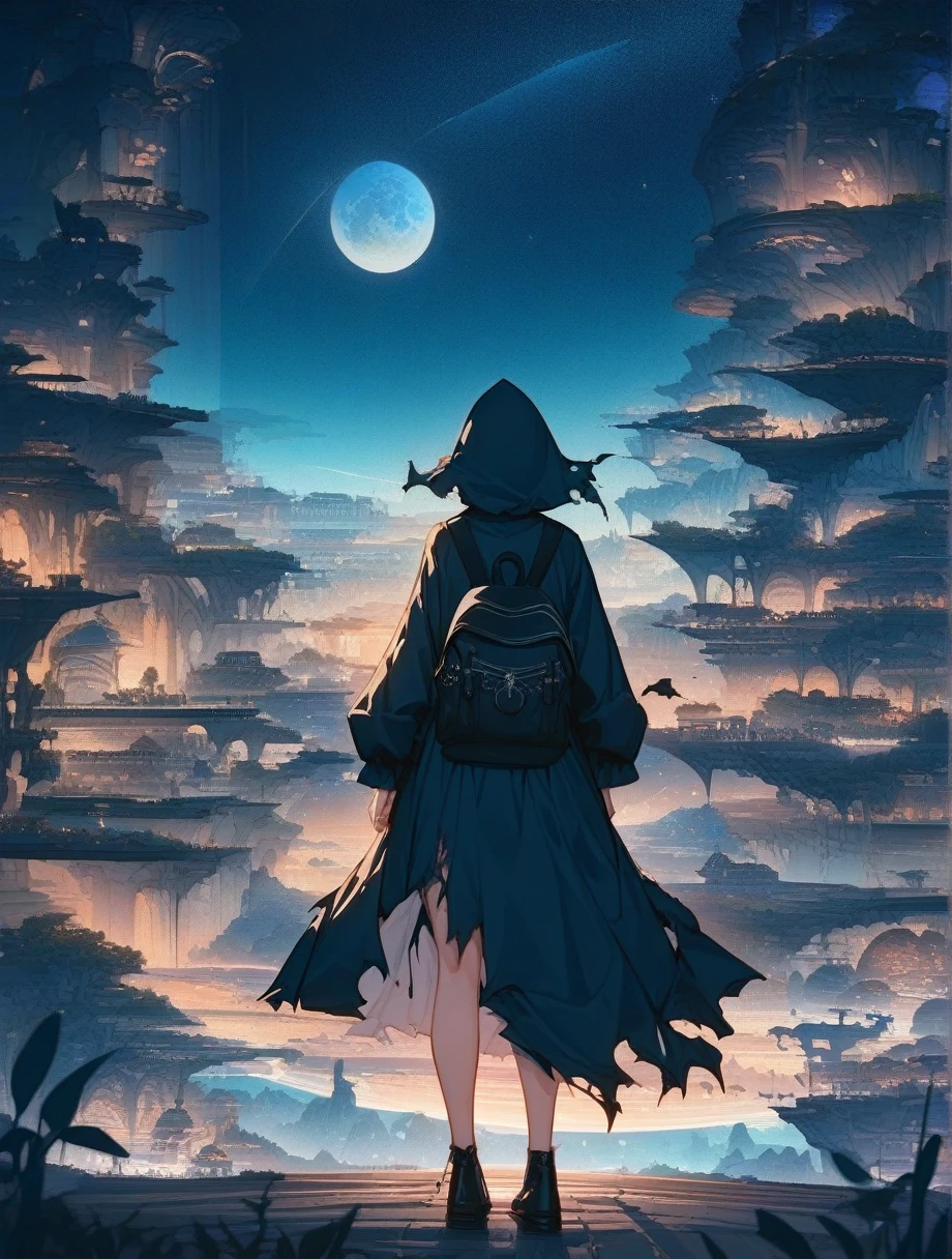 score_9, score_8_wonderful, score_7_wonderful, score_anime, masterpiece, Highest quality, Delicate illustrations, Sharp lines, Sharp focus, break, a traveling girl wandering in the endless night world, The girl is wearing a hood、There are a lot of things in the backpack。, night , wonderful風景, Beautiful views, Harmony with Nature, wonderful景色, Space City, (((Torn clothes))), (((Torn hood))),Long skirt,(Torn Skirt)