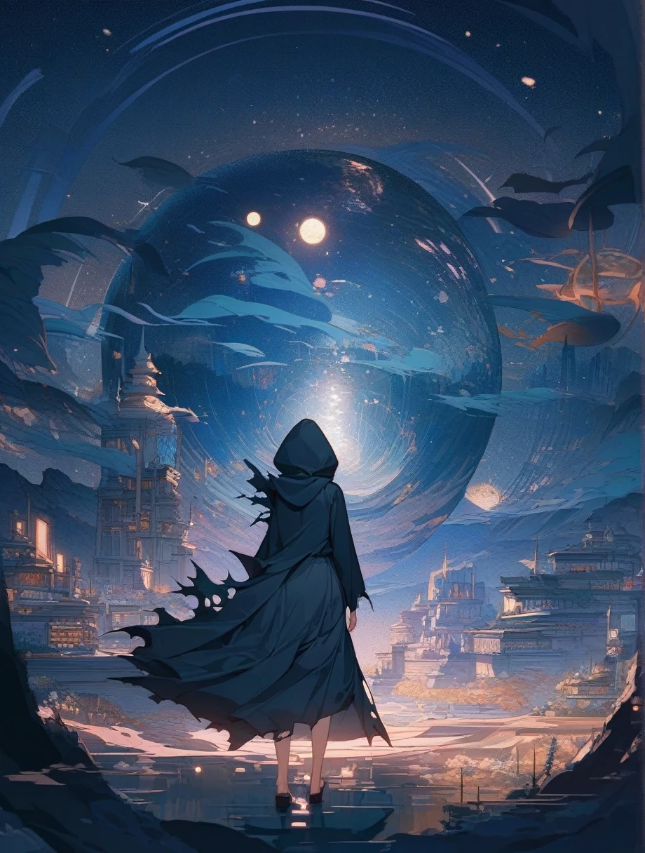 score_9, score_8_wonderful, score_7_wonderful, score_anime, masterpiece, Highest quality, Delicate illustrations, Sharp lines, Sharp focus, break, a traveling girl wandering in the endless night world, The girl is wearing a hood、There are a lot of things in the backpack。, night , wonderful風景, Beautiful views, Harmony with Nature, wonderful景色, Space City, (((Torn clothes))), (((Torn hood))),Long skirt,(Torn Skirt)