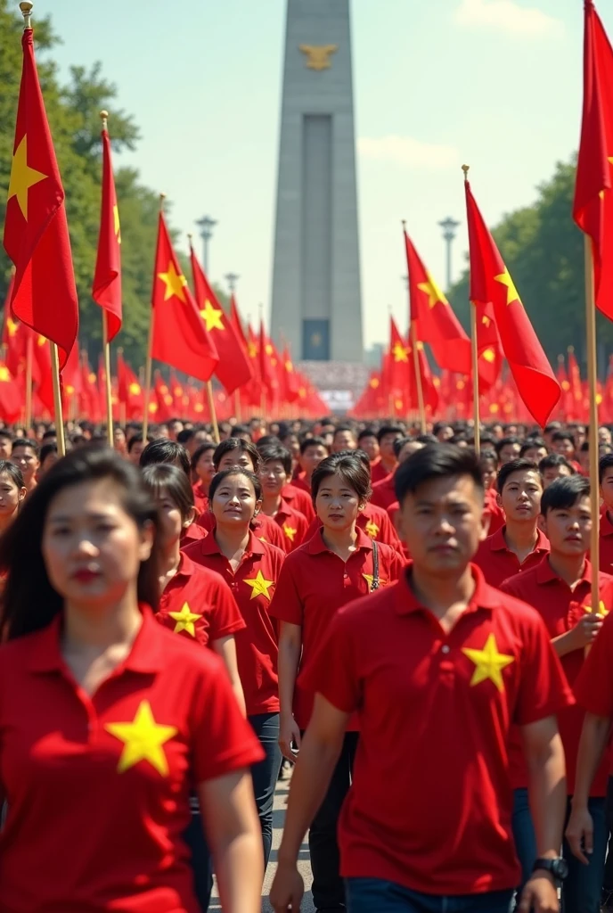 A group of Vietnamese people wearing red shirts with yellow stars and holding national flags are marching on the square to President Ho Chi Minh's mausoleum.
