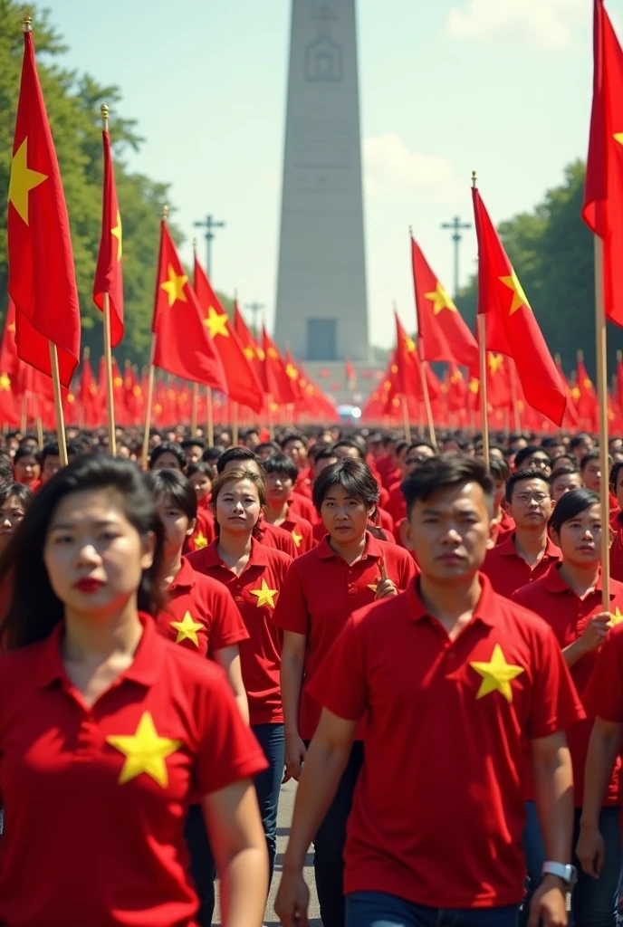 A group of Vietnamese people wearing red shirts with yellow stars and holding national flags are marching on the square to President Ho Chi Minh's mausoleum.