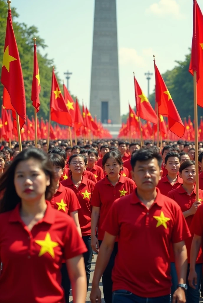 Large crowd decorated with various communist flags and the working people celebrating, desfile militar comunista, estilo futurista, cidade futurista, alienigena
