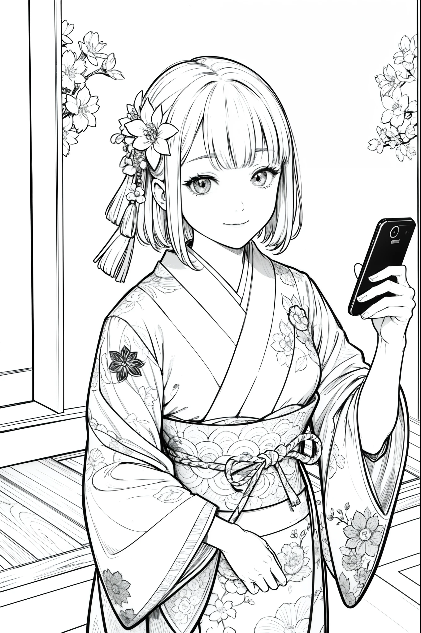 Masterpiece, top class, unique, cute, flower, line drawing background, white background, monochrome, line drawing, ((sketch)), creepy, white eyes, create a monochrome coloring book that even adults can easily do, a realistic and cute ukiyo-e of a girl wearing a kimono and smiling in front of a temple dedicated to the Tallest Buddha, taking a selfie with a rectangular smartphone in one hand, conveying Japanese culture.