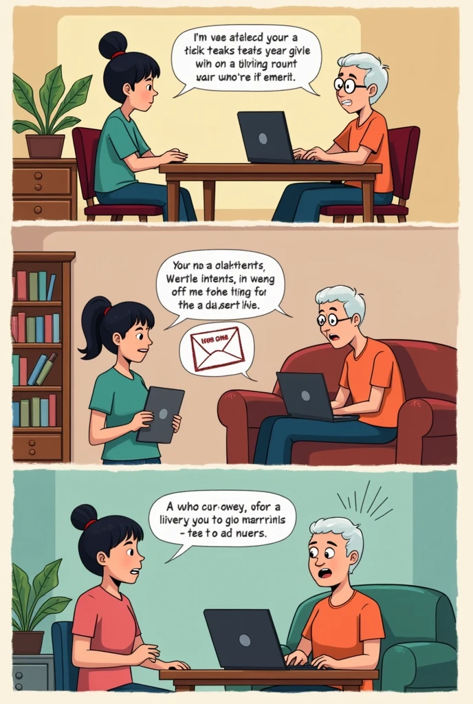 ENGLISH SUBTITLE COMICS STRIP ABOUT : *The Online Security Debate*
*Panel 1:*
- *Setting:* A cozy living room with a TV in the background.
- *Characters:* A young adult (Digital Native) and an older adult (Digital Immigrant).
- *Dialogue:*
- Digital Immigrant: "I got an email saying I won a prize! Should I click the link?"
- Digital Native: "No! It’s a phishing scam! You could get hacked."
*Panel 2:*
- *Setting:* The young adult is sitting at a computer desk, frustrated.
- *Characters:* Same as the first panel.
- *Dialogue:*
- Digital Immigrant: "But how can you tell? It looks so real!"
- Digital Native: "The URL is suspicious, and they’re asking for personal information. Always check before you click anything."
*Panel 3:*
- *Setting:* The older adult now looking bewildered, holding a smartphone.
- *Characters:* Same as before.
- *Dialogue:*
- Digital Immigrant: "This is too complicated! Back in my day, we just trusted what was in our mail."
- Digital Native: "Times have changed. Online safety is a must now!"