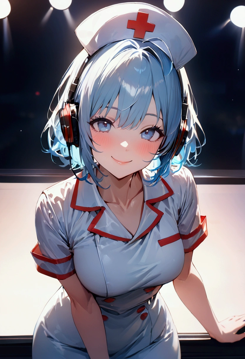 Light blue hair color,Shortcuts,woman,Nurse uniform,Nurse cap,Cinema Lighting, (masterpiece:1.2), 最high quality, high quality, High resolution, (Super detailed), Detailed Background, One person,headphone,smile,Light background,indoor,Have fun and laugh,