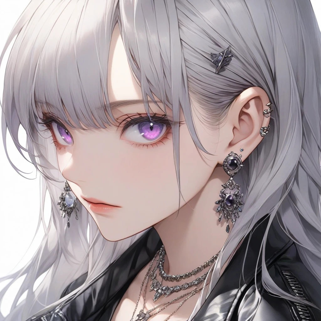 high resolution, Masterpiece, Anatomically correct, precise, qualityที่ดีที่สุด, quality, 1 woman, Age 25 years ,long hair, silver hair, purple eyes, big breasts, full bangs , Dark makeup, A cold expression simple background, Close-up , Anime style,Wearing black leather jacket, Sharp eyes ,mature woman,piercings , necklace, ไฮไลท์ผม, ผมไล่สี,