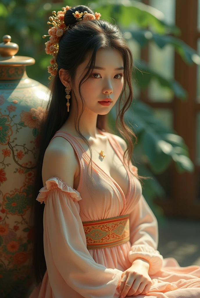 a beautiful girl in traditional chinese dress, detailed face, long hair, elegant posture, antique chinese vase, intricate floral patterns, natural lighting, photorealistic, highly detailed, 8k, ultra-detailed, realistic, masterpiece, cinematic lighting, warm color palette, detailed fabric textures, flowing dress, delicate jewelry, pensive expression, serene atmosphere, natural setting, lush greenery, muted colors