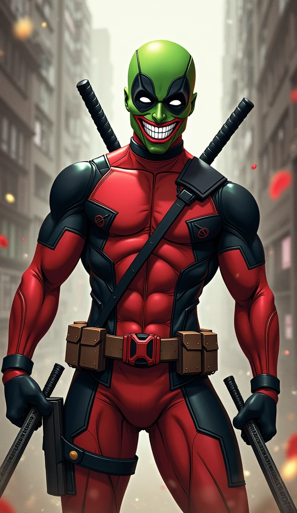Create a character named 'Maskpool,' a fusion of The Mask and Deadpool. The character has a green mask with Deadpool's black and red color scheme, blending chaotic energy with playful mischief. He wears a suit similar to Deadpool's, but with graphics that change shape according to his imagination. He wields two katanas, which transform into whimsical objects like oversized baguettes or balloons. The background should be dynamic and chaotic, reflecting the character's unpredictable nature, with Maskpool showcasing a mischievous grin as he prepares for action.