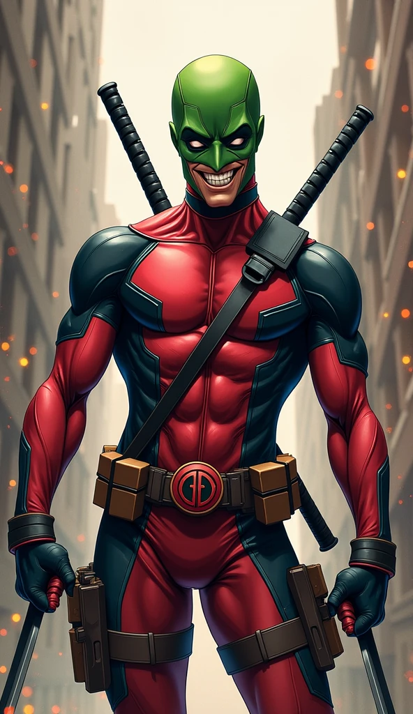 Create a character named 'Maskpool,' a fusion of The Mask and Deadpool. The character has a green mask with Deadpool's black and red color scheme, blending chaotic energy with playful mischief. He wears a suit similar to Deadpool's, but with graphics that change shape according to his imagination. He wields two katanas, which transform into whimsical objects like oversized baguettes or balloons. The background should be dynamic and chaotic, reflecting the character's unpredictable nature, with Maskpool showcasing a mischievous grin as he prepares for action.