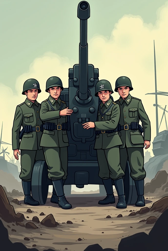 stickmans call of duty dressed in uniform german soldiers of world war ii operating a pak-40 anti tank cannon