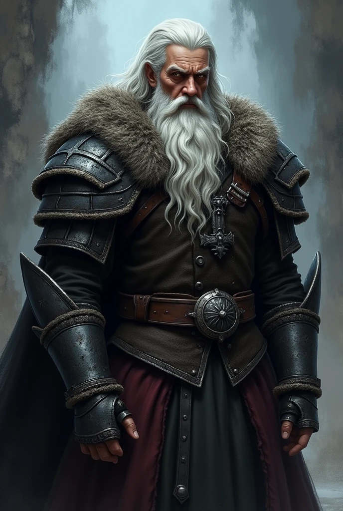 Dark warrior in dark armour with a long white beard, heroic fantasy character, painted portrait of rugged odin, fantasy digital art style