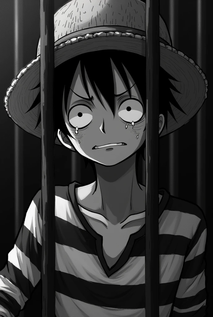 Monkey D. Luffy in a black and white striped long sleeve prison uniform with teary eyes and crying inside a jail