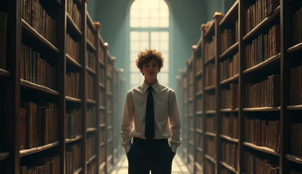 The teenager boy with a bright mop of unruly, sandy brown hair, He is wearing a crisp, school uniform with a white shirt and a black tie. stands in the empty library, his face illuminated by the overhead lights. The bookshelves are filled with dusty volumes, and the air is heavy with silence.