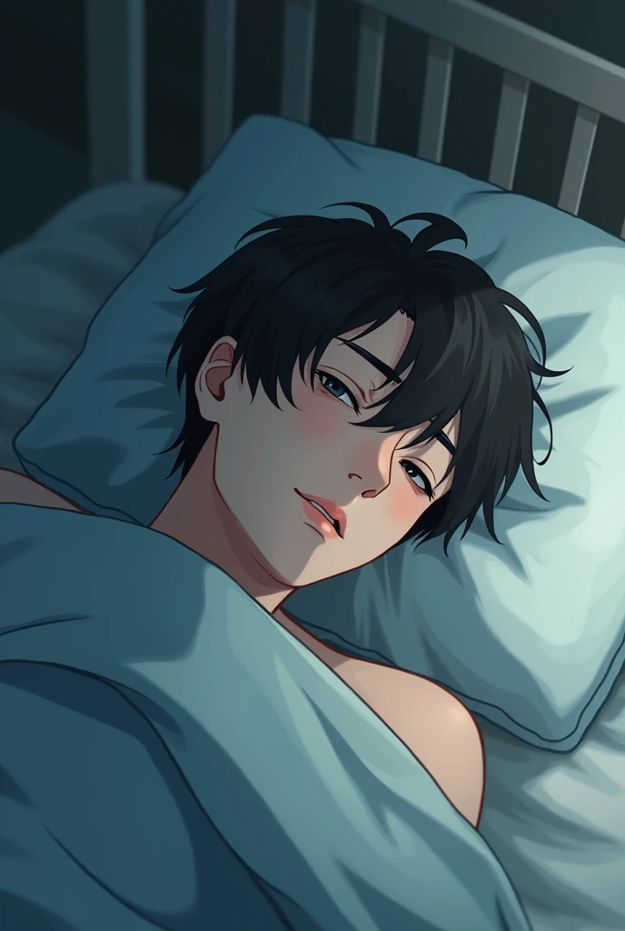 Man lying dreaming in bed sad anime drawing hd