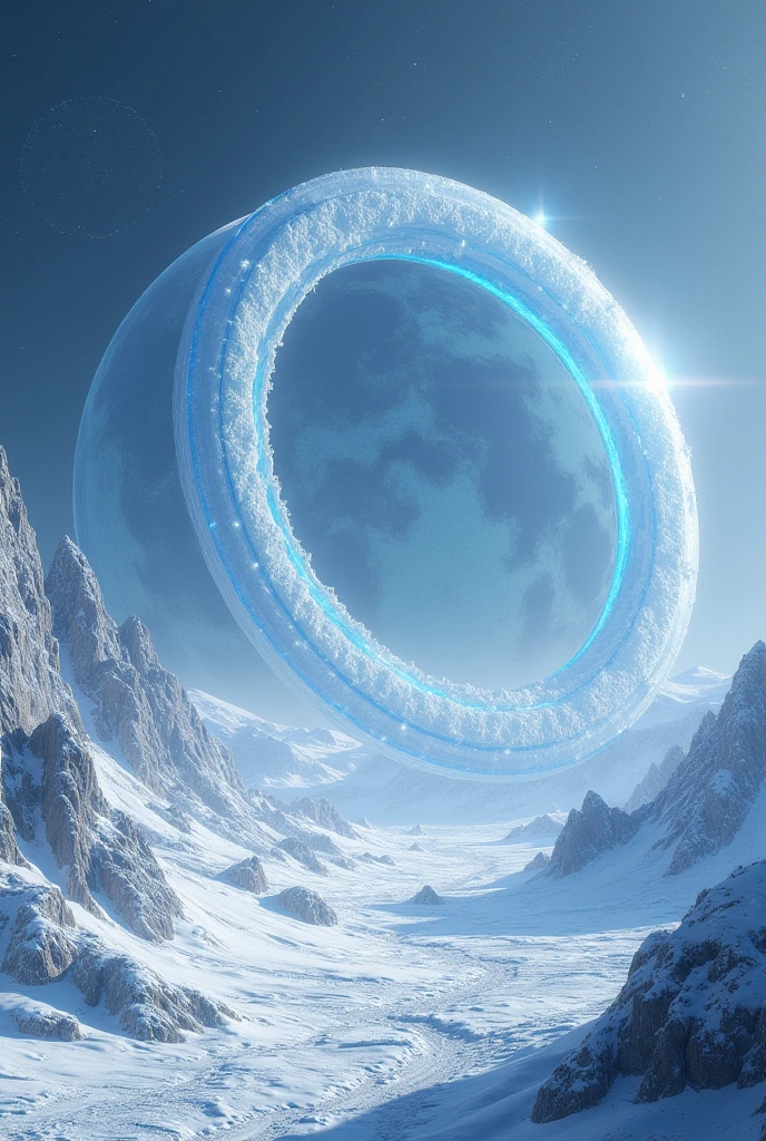 Create an ice planet where a large ring rotates vertically around the planet