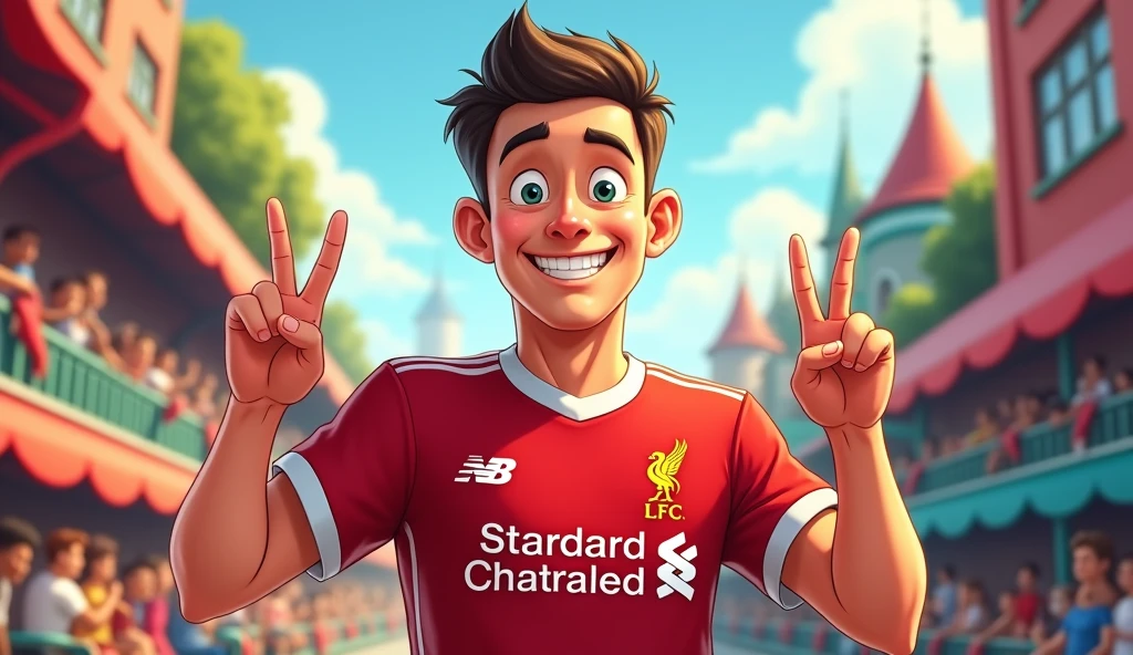 Handsome man with short hair, cheerful, Disney style, holding up two fingers, wearing a Liverpool football shirt. standing in cartoon style illustration Detailed and colorful High quality, realistic photography dynamic poses color