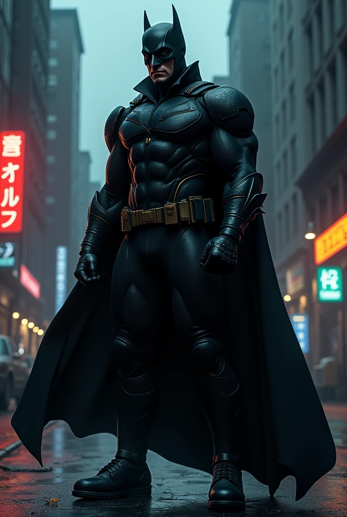 create a tall dark man wearing a vigilante outfit