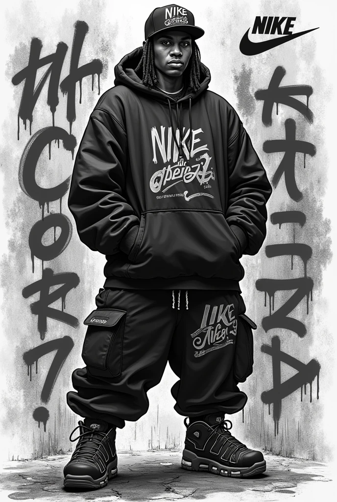 a hiphop character wearing a snapback cap,baggy hiphop clothes,nike air uptempo sneakers,detailed portrait,dynamic action pose,high contrast black and white palette,bold graffiti style typography,nike air uptempo logo,street art,urban setting,grunge texture