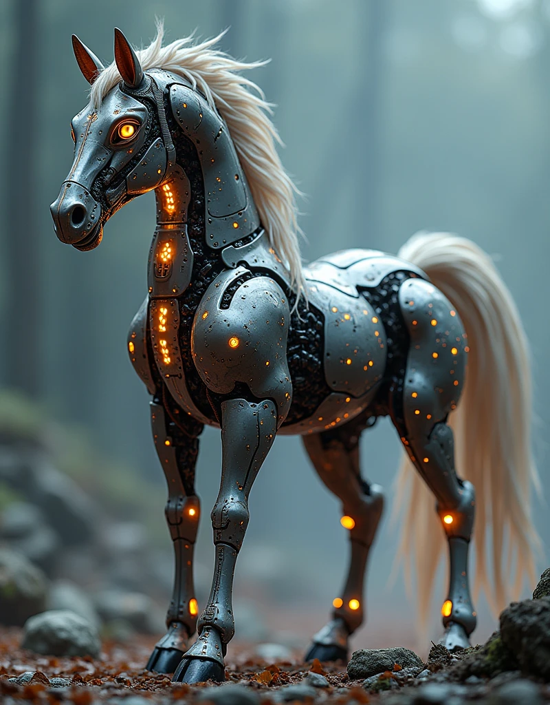 a photo of a mecha robo mythology creature centaur, horse tail, highly detailed, photorealistic, cinematic lighting, intricate machinery, gleaming metal, glowing energy, epic scale, futuristic, science fiction