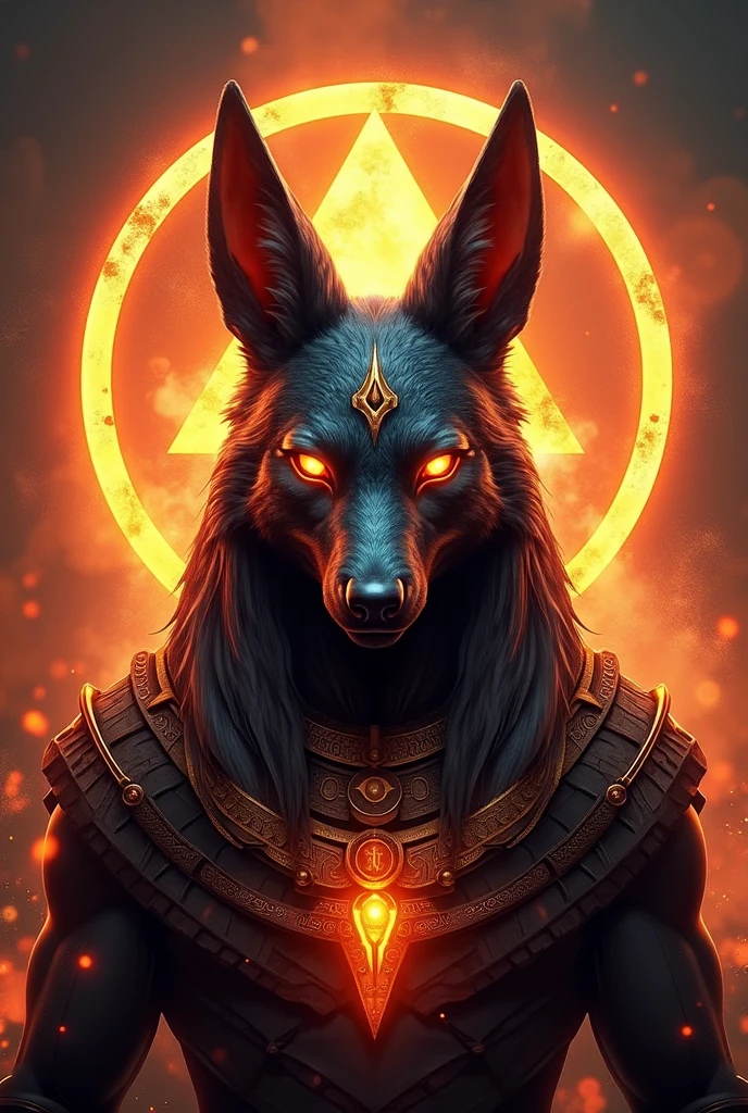 ((best qualityer)), ((work of art)), (detailded), epic gamer style image , 1 anubis on fire , estilo dragao. Anubis must have a bust image, because it will be used for the brand logo, Anubia's vision has to be frontal. There must be the Egyptian symbol of Anubis in the background.