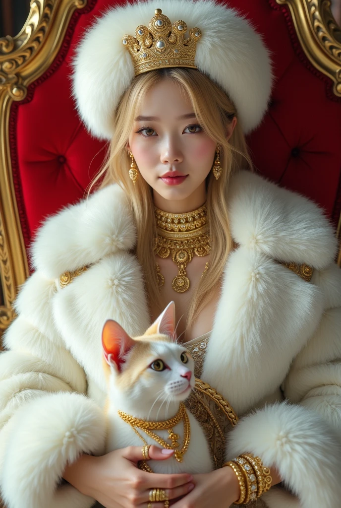 HD, high quality, sexy cute woman, asian, young, korean student,10years old, realistic, real,8k, clean, teenager woman with blonde gorgeous hair, pale skin, her face is also very beautiful and looks mature. sexy, She has a fit body. wearing huge white fur coat, real fur, fur HD, fluffy fur, big mink fur hat, fur coat covering all the body, wearing big fur hat, sitting on golden throne on the fur mug, red velvet throne, 6 gold necklaces, princess handsome, petting cat, cat has gold necklace, cat with gold, gorgeous face, she has slim body,wearing huge white fur coat, many jewelry, alots of gold jewelry, every finger has golden rings, 10 golden huge giant rings, her sexy leg , she wearing fur slippers, holding a whip, super huge titties, big hips, brown fur brassiere