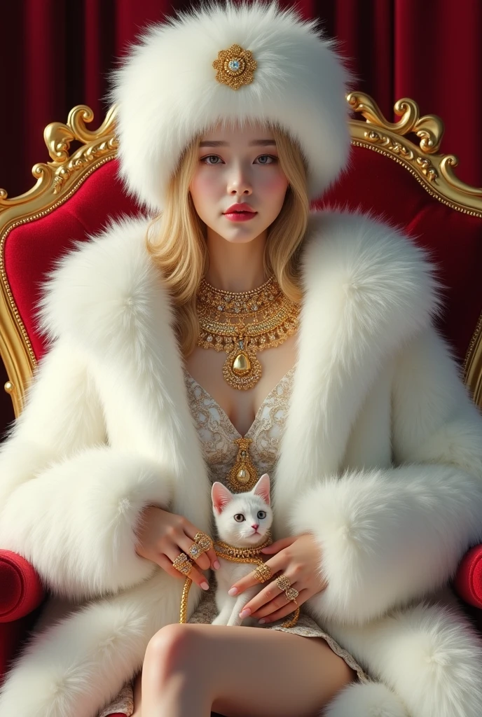 HD, high quality, sexy cute woman, asian, young, korean student,10years old, realistic, real,8k, clean, teenager woman with blonde gorgeous hair, pale skin, her face is also very beautiful and looks mature. sexy, She has a fit body. wearing huge white fur coat, real fur, fur HD, fluffy fur, big mink fur hat, fur coat covering all the body, wearing big fur hat, sitting on golden throne on the fur mug, red velvet throne, 6 gold necklaces, princess handsome, petting cat, cat has gold necklace, cat with gold, gorgeous face, she has slim body,wearing huge white fur coat, many jewelry, alots of gold jewelry, every finger has golden rings, 10 golden huge giant rings, her sexy leg , she wearing fur slippers, holding a whip, super huge titties, big hips, brown fur brassiere