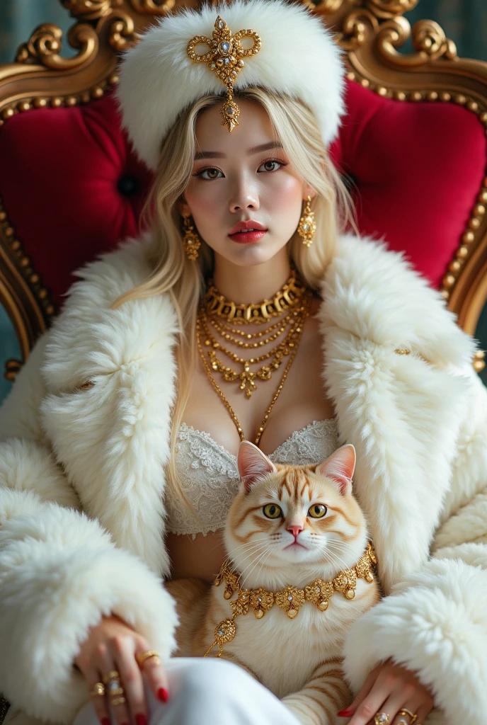 HD, high quality, sexy cute woman, asian, young, korean student,10years old, realistic, real,8k, clean, teenager woman with blonde gorgeous hair, pale skin, her face is also very beautiful and looks mature. sexy, She has a fit body. wearing huge white fur coat, real fur, fur HD, fluffy fur, big mink fur hat, fur coat covering all the body, wearing big fur hat, sitting on golden throne on the fur mug, red velvet throne, 6 gold necklaces, princess handsome, petting cat, cat has gold necklace, cat with gold, gorgeous face, she has slim body,wearing huge white fur coat, many jewelry, alots of gold jewelry, every finger has golden rings, 10 golden huge giant rings, her sexy leg , she wearing fur slippers, holding a whip, super huge titties, big hips, brown fur brassiere