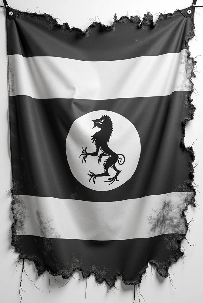 a vertical black and white greyish like burnt and torn like on the ages of the Ugandan Flag