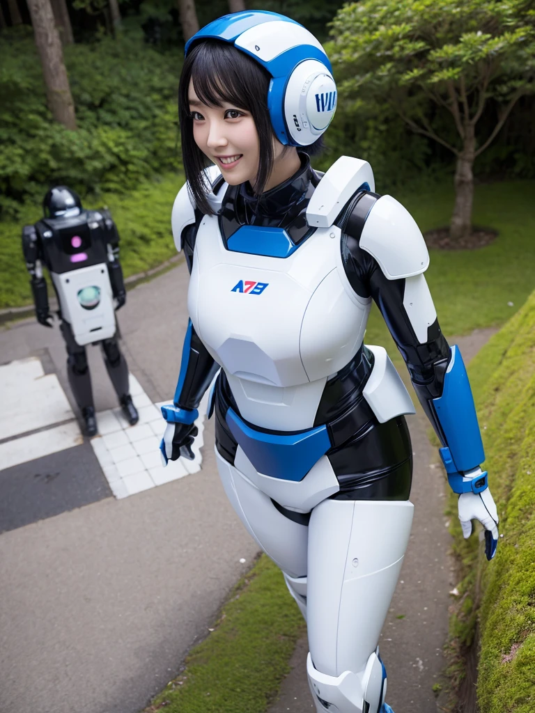 Japanese female android,Black Hair,White and blue robot suit,Plump,Walking through the moss pink square,smile,