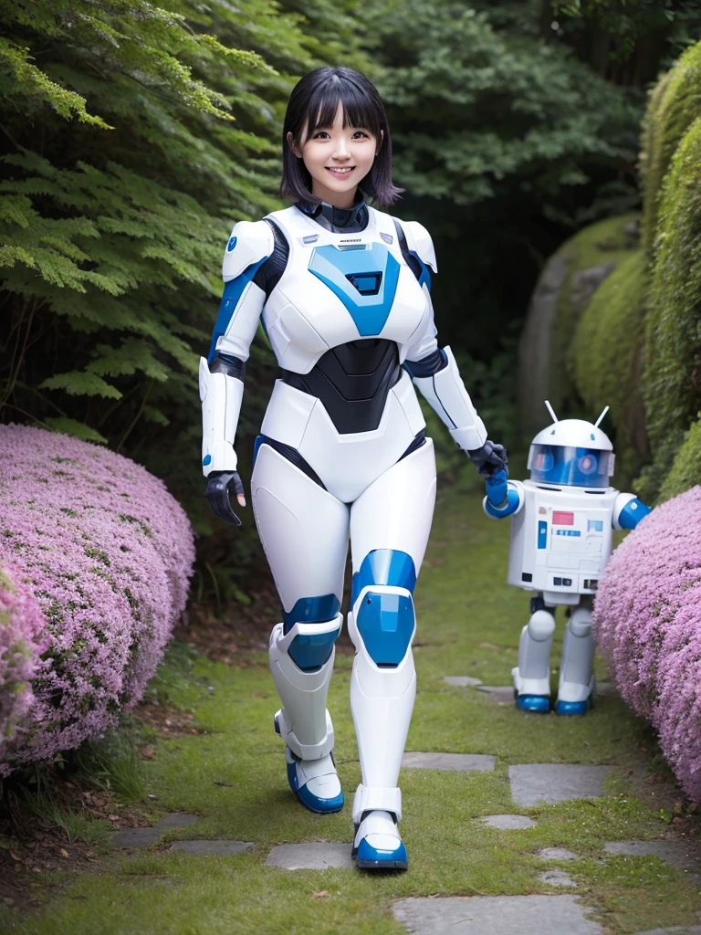 Japanese female android,Black Hair,White and blue robot suit,Plump,Walking through the moss pink square,smile,