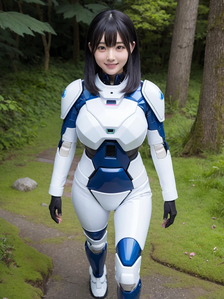 Japanese female android,Black Hair,White and blue robot suit,Plump,Walking through the moss pink square,smile,