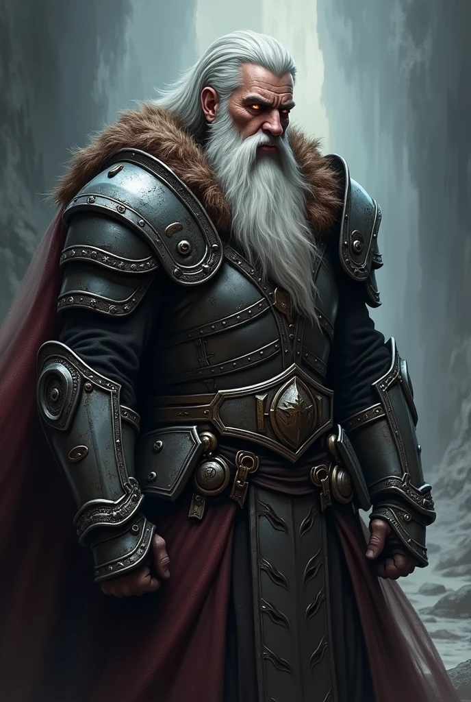 Dark warrior in dark armour with a long white beard, heroic fantasy character, painted portrait of rugged odin, fantasy digital art style