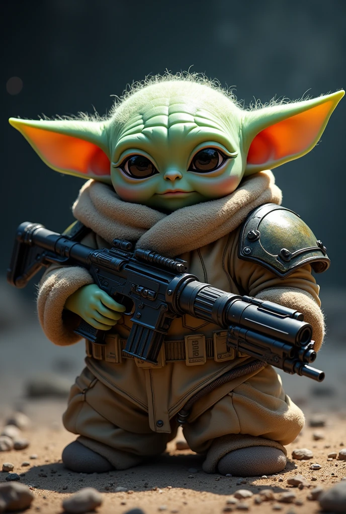 ((best quality)), ((masterpiece)), ((realistic)), 1baby Yoda, wearing a space marine suit, cute yoda ,large,eyes, high-resolution, equipped with a warhammer-style bolter gun in the left hand, sto4m hammer in right hand, background is in outer space